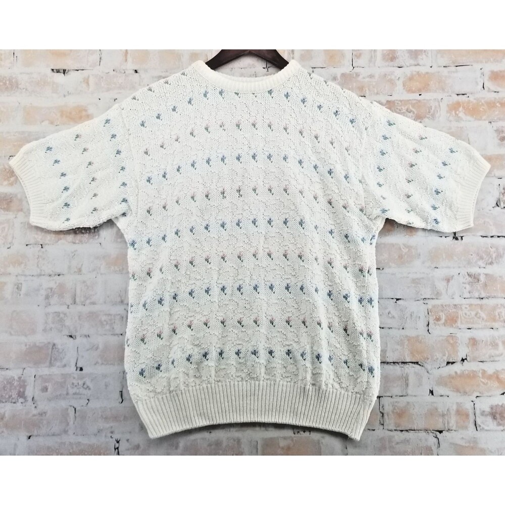Vintage Eddie Bauer Women's Knit Sweater Medium White Pastel Flowers USA Made